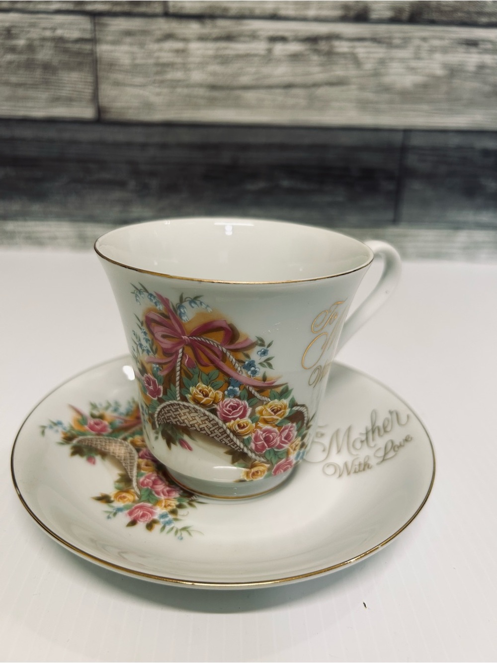 Vintage Saji Japan "To Mother With Love" Fine China Tea Cup & Saucer Set